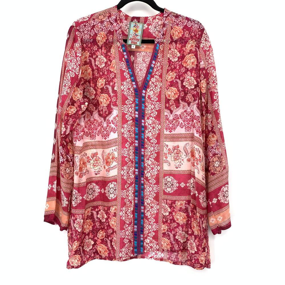 Johnny Was Tunic Top Womens L Red Floral Patchwork Boho Long Sleeve Blouse